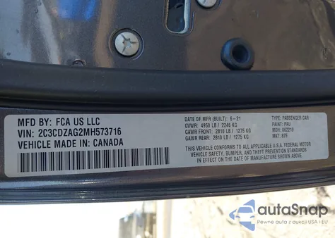 2021 Dodge Challenger Sxt z USA, uszkodzony, nr VIN 2C3CDZAG2MH573716